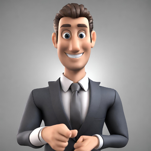 3D computer generated image of a smiling business man in a dark grey suit.